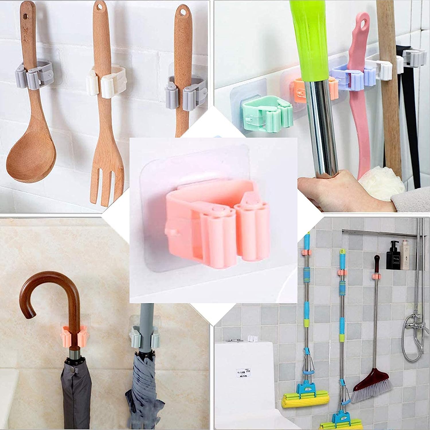 Wall organizer for mops and brooms with no drilling needed Wall organizer for mops and brooms with no drilling needed